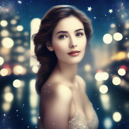 Create an image of a woman who is feeling longing or nostalgia in the midst of a sparkling night