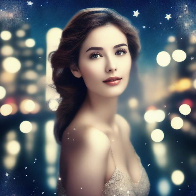 Create an image of a woman who is feeling longing or nostalgia in the midst of a sparkling night