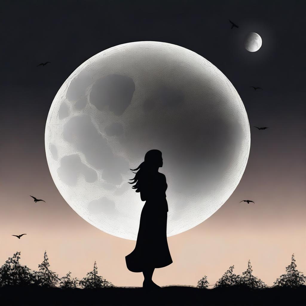 Create an image featuring a full moon and the silhouette of a woman, symbolizing longing or nostalgia