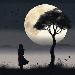 Create an image featuring a full moon and the silhouette of a woman, symbolizing longing or nostalgia