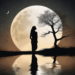 Create an image featuring a full moon and the silhouette of a woman, symbolizing longing or nostalgia