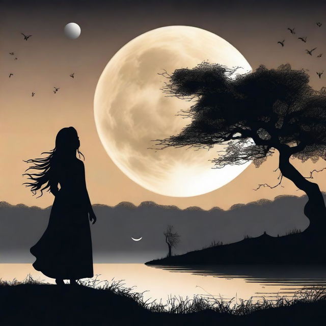 Create an image featuring a full moon and the silhouette of a woman, symbolizing longing or nostalgia