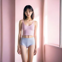 A Japanese girl wearing a pink tank top and underwear, standing in a casual pose