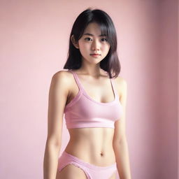 A Japanese girl wearing a pink tank top and underwear, standing in a casual pose