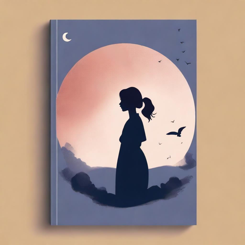 Create a book cover titled 'Rindu' featuring the silhouette of a woman and a moon