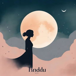 Create a book cover titled 'Rindu' featuring the silhouette of a woman and a moon