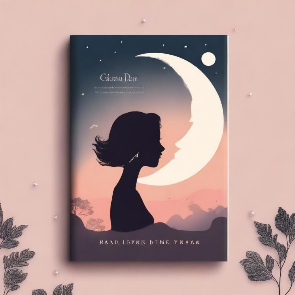 Create a book cover titled 'CINTA DAN RINDU' featuring the silhouette of a woman and a moon