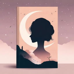 Create a book cover titled 'CINTA DAN RINDU' featuring the silhouette of a woman and a moon