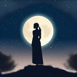 A serene image featuring the silhouette of a woman standing gracefully against the backdrop of a full moon