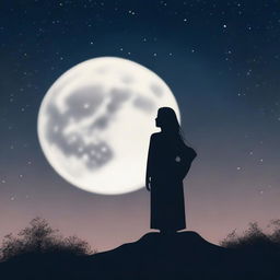 A serene image featuring the silhouette of a woman standing gracefully against the backdrop of a full moon