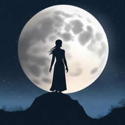 A serene image featuring the silhouette of a woman standing gracefully against the backdrop of a full moon