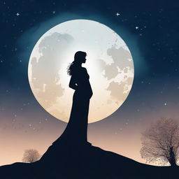 A serene image featuring the silhouette of a woman standing gracefully against the backdrop of a full moon