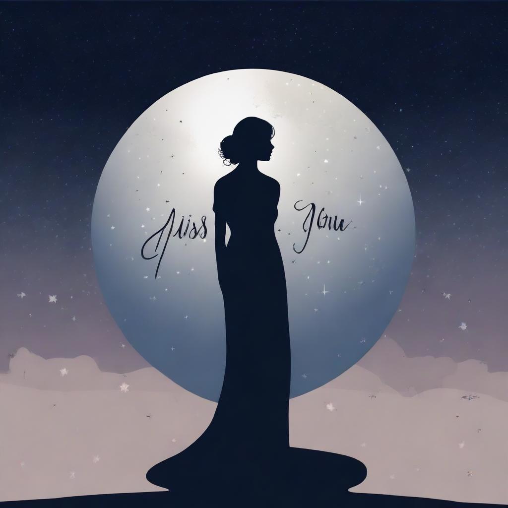 A serene image featuring the silhouette of a woman standing gracefully against the backdrop of a full moon with the words 'Miss You' elegantly written