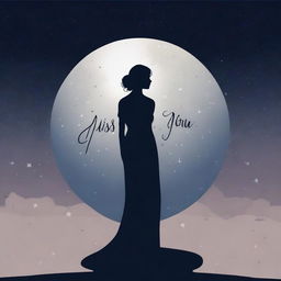 A serene image featuring the silhouette of a woman standing gracefully against the backdrop of a full moon with the words 'Miss You' elegantly written