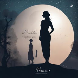 A serene image featuring the silhouette of a woman standing gracefully against the backdrop of a full moon with the words 'Miss You' elegantly written