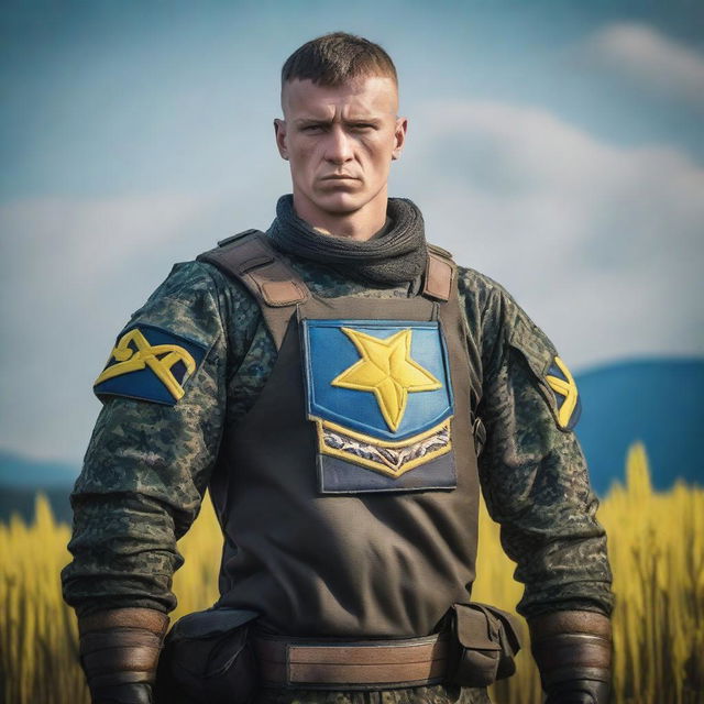 A Ukrainian warrior standing proudly in full military gear