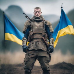 A Ukrainian warrior standing proudly in full military gear