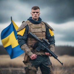 A Ukrainian warrior standing proudly in full military gear