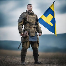 A Ukrainian warrior standing proudly in full military gear