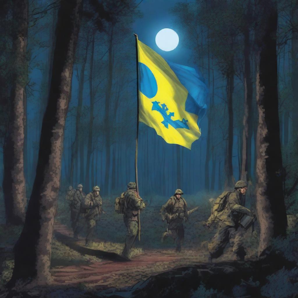 A nighttime forest scene with trenches and soldiers carrying the flag of Ukraine