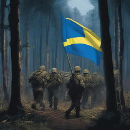 A nighttime forest scene with trenches and soldiers carrying the flag of Ukraine