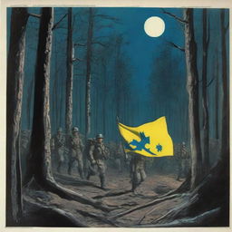 A nighttime forest scene with trenches and soldiers carrying the flag of Ukraine