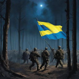 A nighttime forest scene with trenches and soldiers carrying the flag of Ukraine