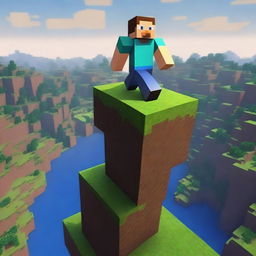 Two Minecraft players are standing precariously on a single block in the Minecraft world, almost falling down