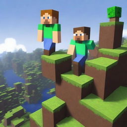 Two Minecraft players are standing precariously on a single block in the Minecraft world, almost falling down