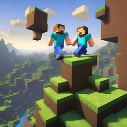 Two Minecraft players are standing precariously on a single block in the Minecraft world, almost falling down