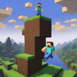 Two Minecraft players are standing precariously on a single block in the Minecraft world, almost falling down