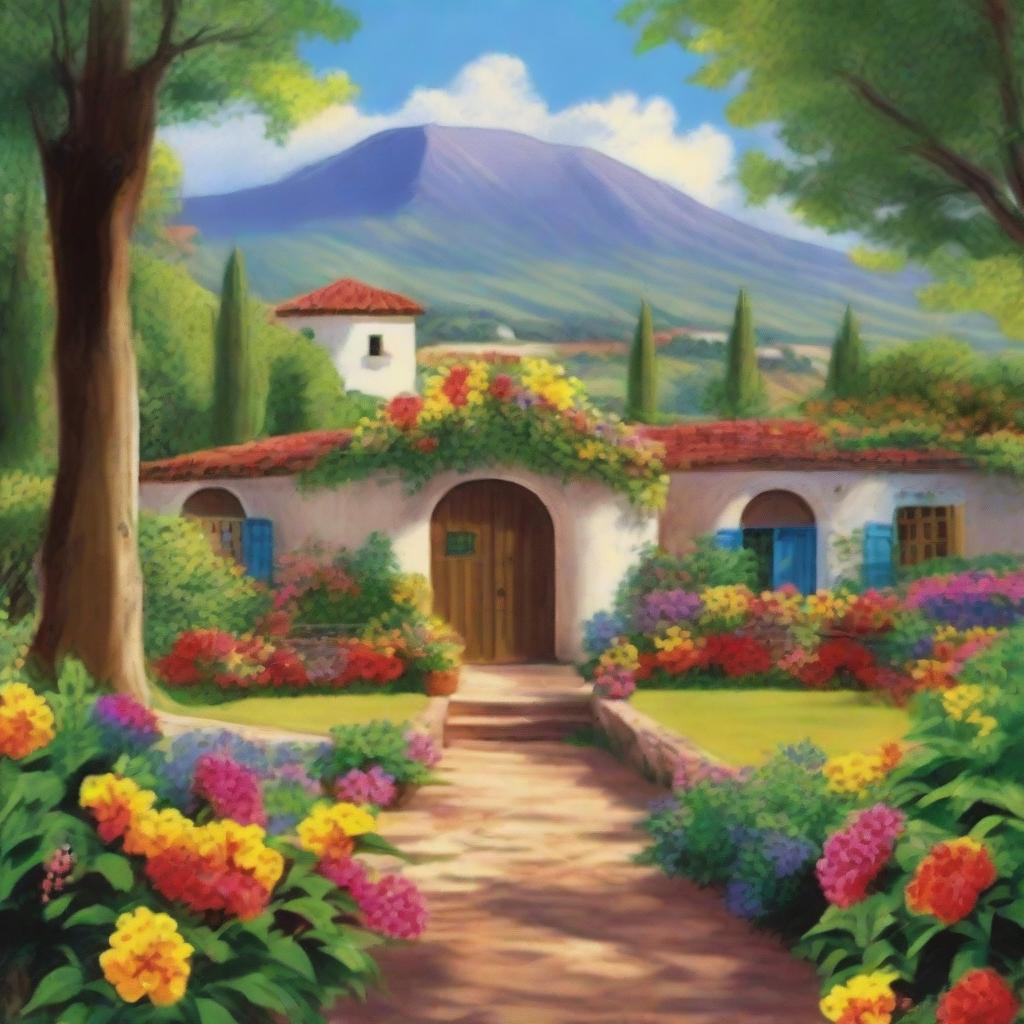 Create an inviting and picturesque scene of 'Hacienda la Alegría de Tranquilandia'