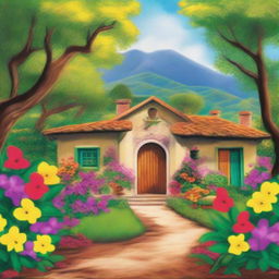 Create an inviting and picturesque scene of 'Hacienda la Alegría de Tranquilandia'