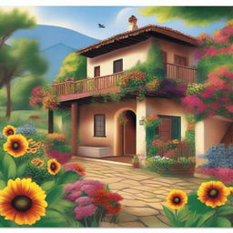 Create an inviting and picturesque scene of 'Hacienda la Alegría de Tranquilandia'