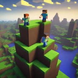 Two Minecraft players are standing precariously on a single block in the Minecraft world, almost falling down