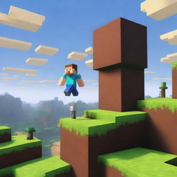 Two Minecraft players are standing precariously on a single block in the Minecraft world, almost falling down