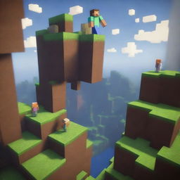 Two Minecraft players are standing precariously on a single block in the Minecraft world, almost falling down