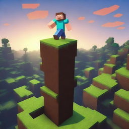 Two Minecraft players are standing precariously on a single block in the Minecraft world, almost falling down