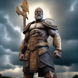 An imposing figure representing the God of War of Ukraine, standing tall with an air of authority and power