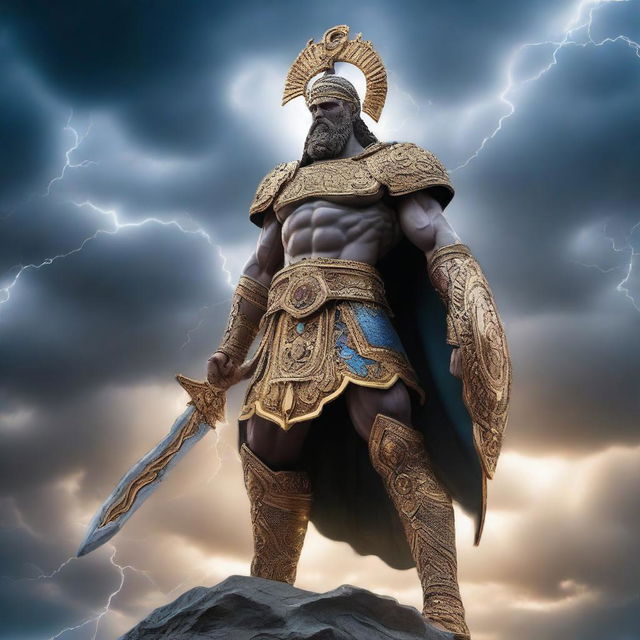 An imposing figure representing the God of War of Ukraine, standing tall with an air of authority and power