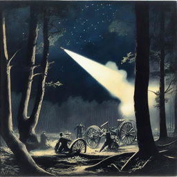 Artillery firing at night in a wooded area