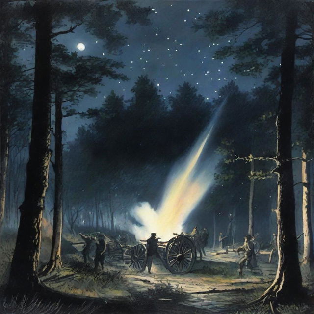 Artillery firing at night in a wooded area