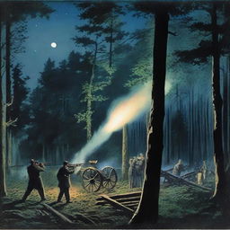 Artillery firing at night in a wooded area