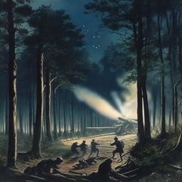 Artillery firing at night in a wooded area