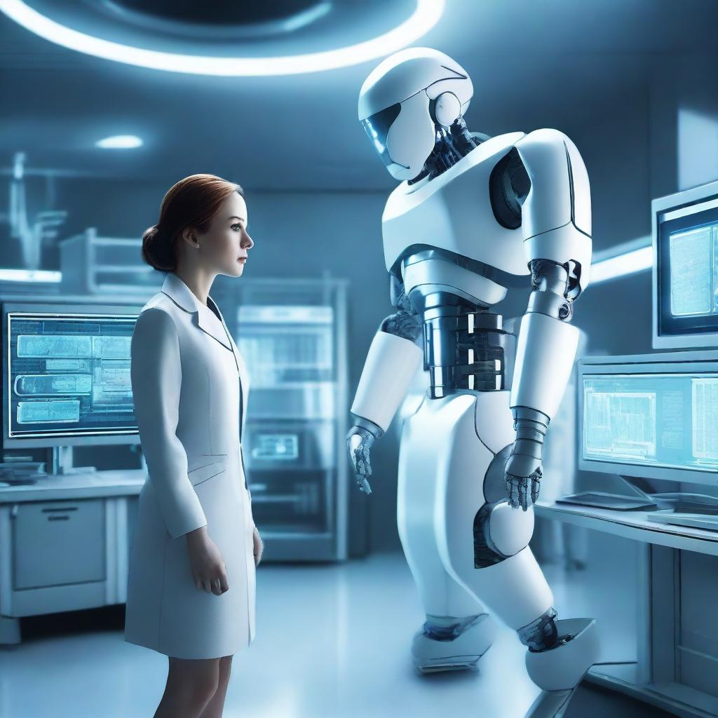 A detailed movie poster featuring a futuristic robot and a woman in a lab coat