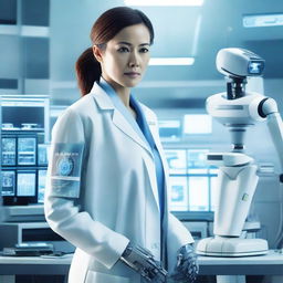 A detailed movie poster featuring a futuristic robot and a woman in a lab coat