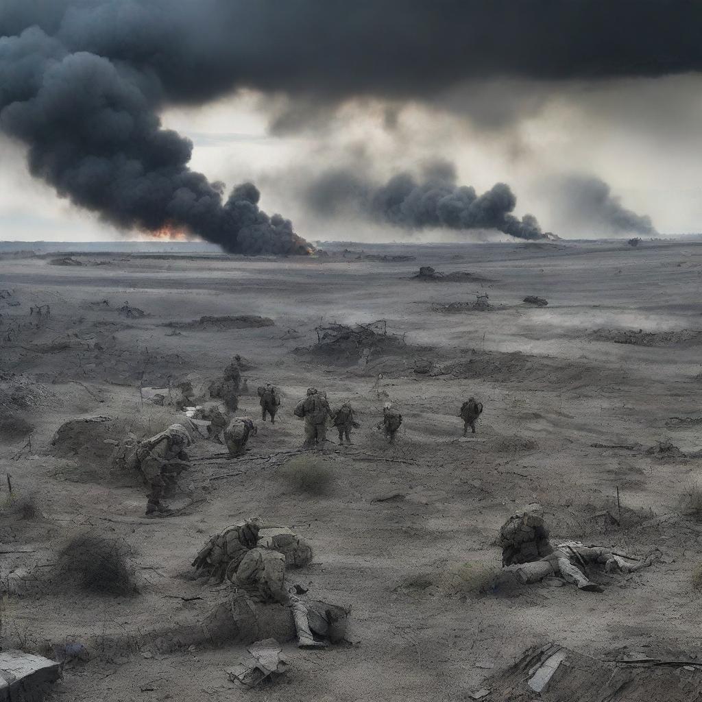 A depiction of the war in Ukraine, showing the conflict and its impact on the people and landscape