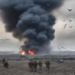 A depiction of the war in Ukraine, showing the conflict and its impact on the people and landscape