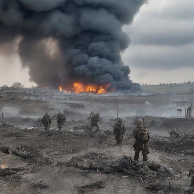 A depiction of the war in Ukraine, showing the conflict and its impact on the people and landscape