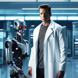 A young adult wearing a lab coat standing next to a terminator robot